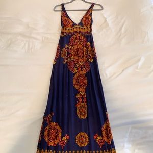 Navy blue maxi dress with red and orange pattern